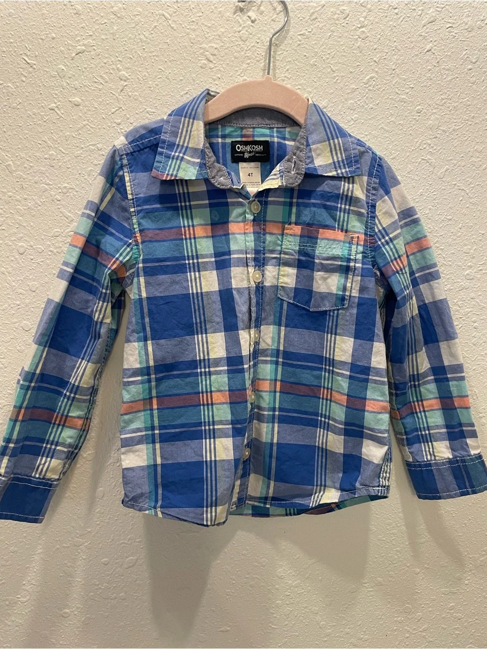 OshKosh B'gosh Blue Plaid Button-Down Shirt with Mint & Coral Stripes